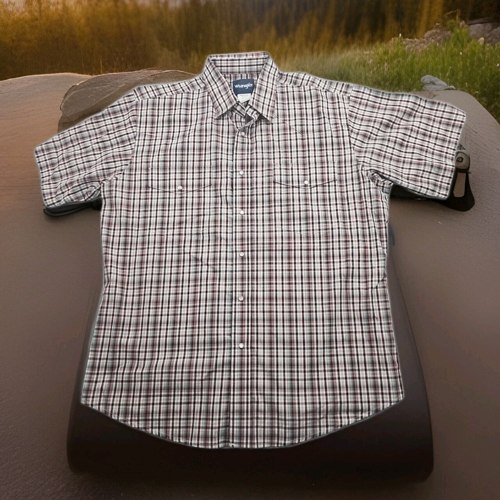 VTG Wrangler Western Shirt Men XL Plaid Pearl Snap Short Sleeve Rodeo Rockabilly